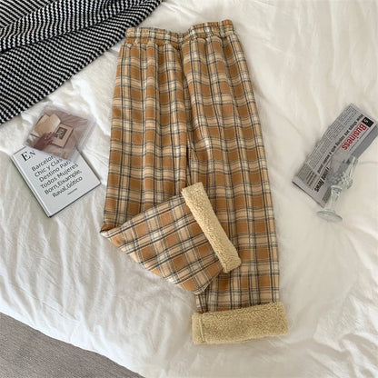JMPRS Fashion Warm Plush Pants Thick Plaid Women Casual Loose Wide Leg Trousers Korean Streetwear Straight Student Pants New
