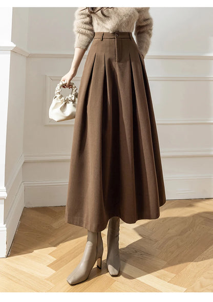 Vintage Winter Woolen Long Skirts For Women Streetwear High Waist Pleated Maxi Skirt Big Swing Folds A-Line Jupe Longues Femme