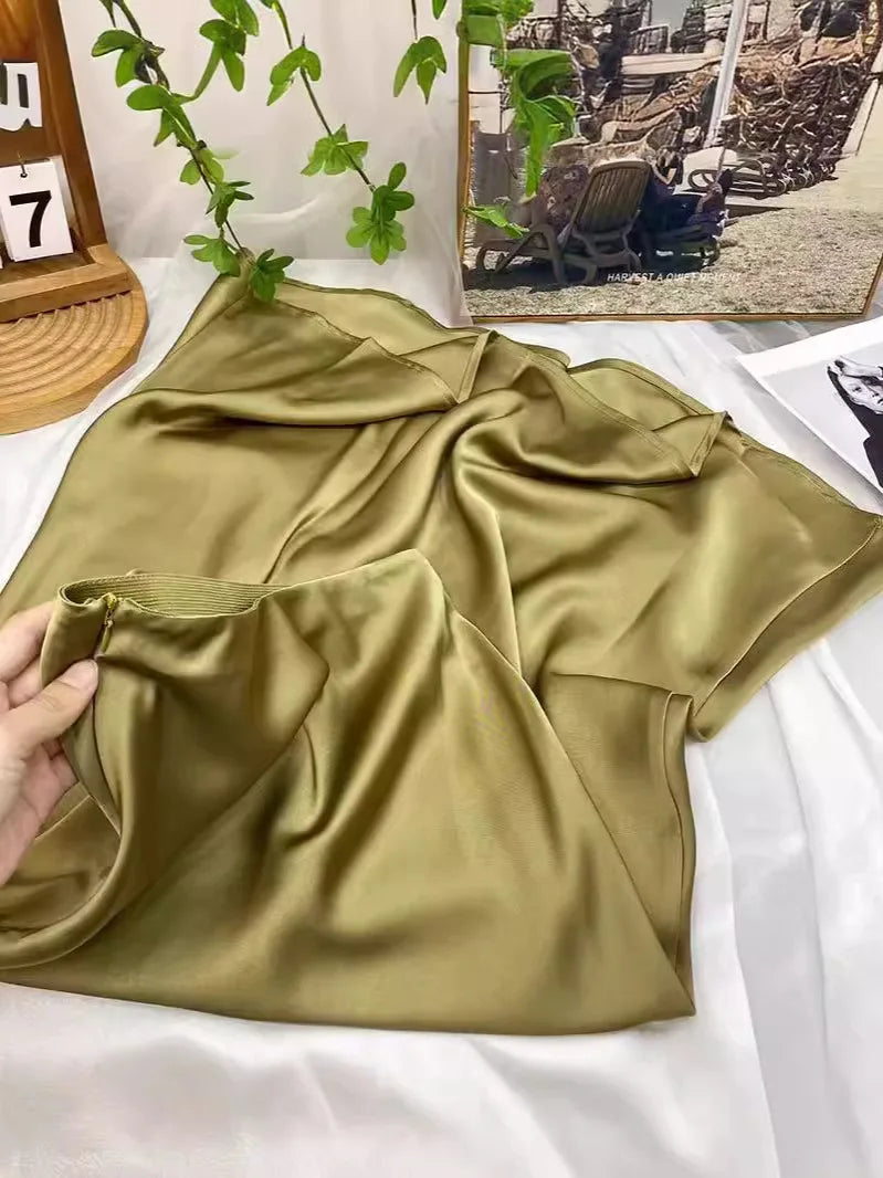 Botvotee Elegant Satin Long Skirt for Women Spring Summer 2025 Office Ladies Korean Style Loose Elastic Band Midi Skirts