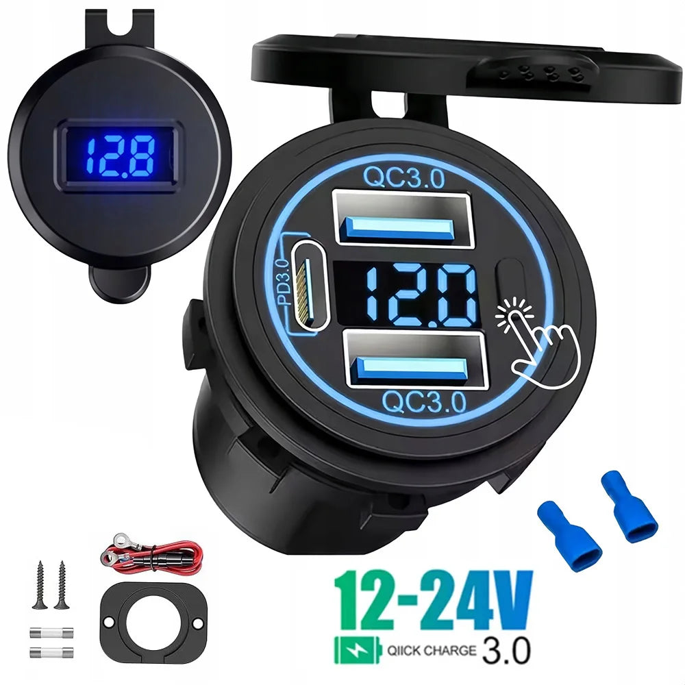 3 Ports Quick Charge Dual PD & QC 3.0 112W Aperture Car Charger Outlet Socket For 12V 24V Motorcycle Boat Marine Truck ATV