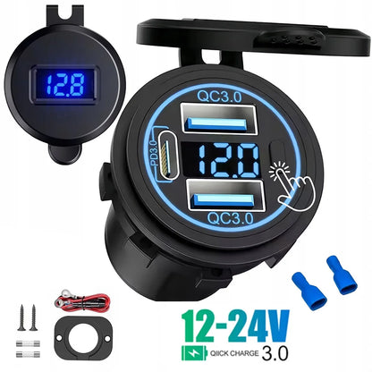 3 Ports Quick Charge Dual PD & QC 3.0 112W Aperture Car Charger Outlet Socket For 12V 24V Motorcycle Boat Marine Truck ATV