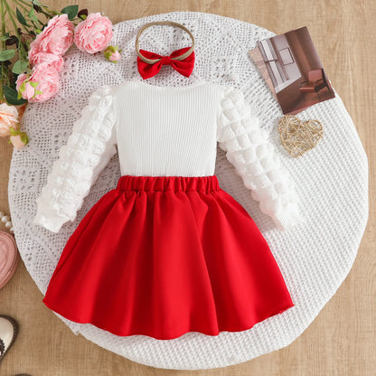 0-3Y Baby Girl Outfit Set 2pcs Puffy Sleeve Heart Shape Top and Corduroy Skirts Valentines Day Sweet Toddler Kids Clothes Girls