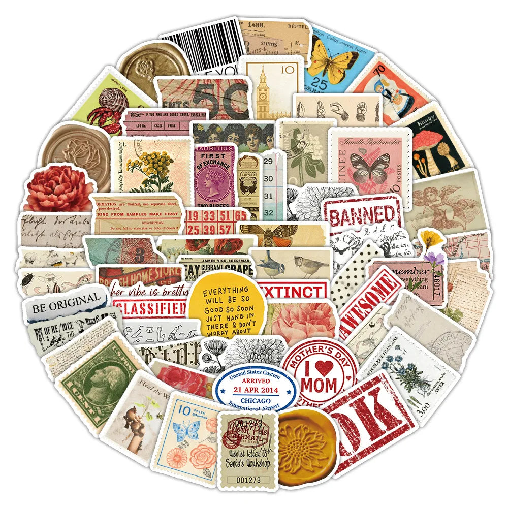62PCS Retro American Stamp Stickers Aesthetic Style Graffiti Mobile Phone Case Notebook Water Cup Skateboard Waterproof Toy Gift