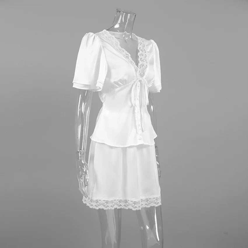 Elegant Satin Lace Patchwork Skirt Two-piece Set V Neck Short Sleeve Lace Up Tops Mini Skirts Suit 2026 New Party Daily Outfits