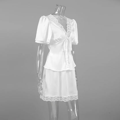 Elegant Satin Lace Patchwork Skirt Two-piece Set V Neck Short Sleeve Lace Up Tops Mini Skirts Suit 2026 New Party Daily Outfits