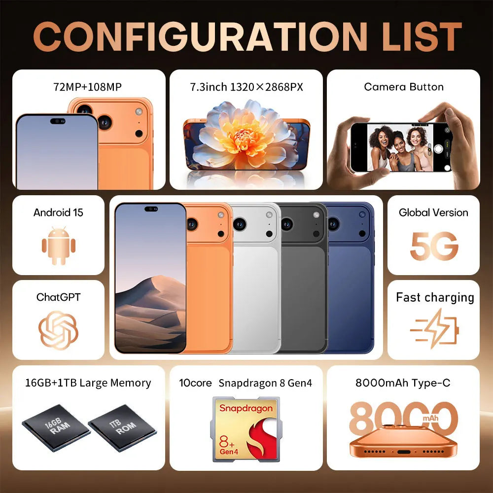 New Smartphone 5G Ai For 17 Pro Max 7.3HD 22G+2TB Mobile Phones Android Dual Sim 7800mAh Unlocked Cell Phone Global Version
