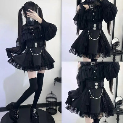 Japanese Sweet Lolita Style Mini Skirt Women Retro Elegant Lace Bandage Party Cake Skirts Female Gothic Y2k Metal Buckle Skirts