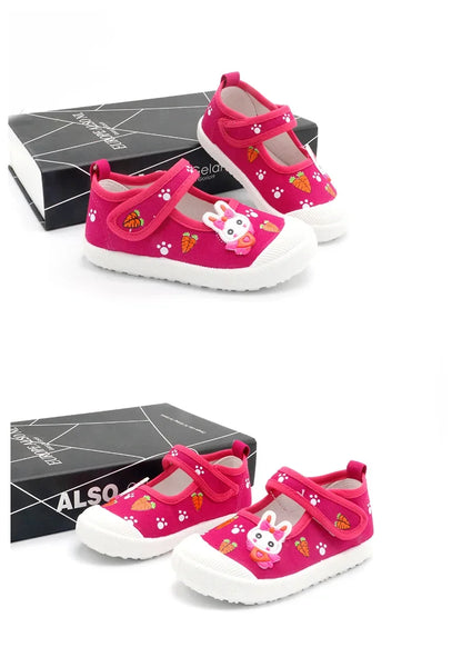 JGSHOWKITO Girls Canvas Shoes Soft Sports Shoes Kids Running Sneakers Candy  With Cartoon Rabbit Carrots Prints Children