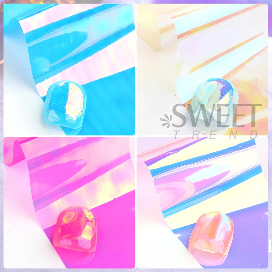 8/10pcs Holographic Aurora Film Nail Glass Foil Sparkly Ice Cube Transfer Paper Cellophane Sliders DIY Full Cover Manicure Wraps
