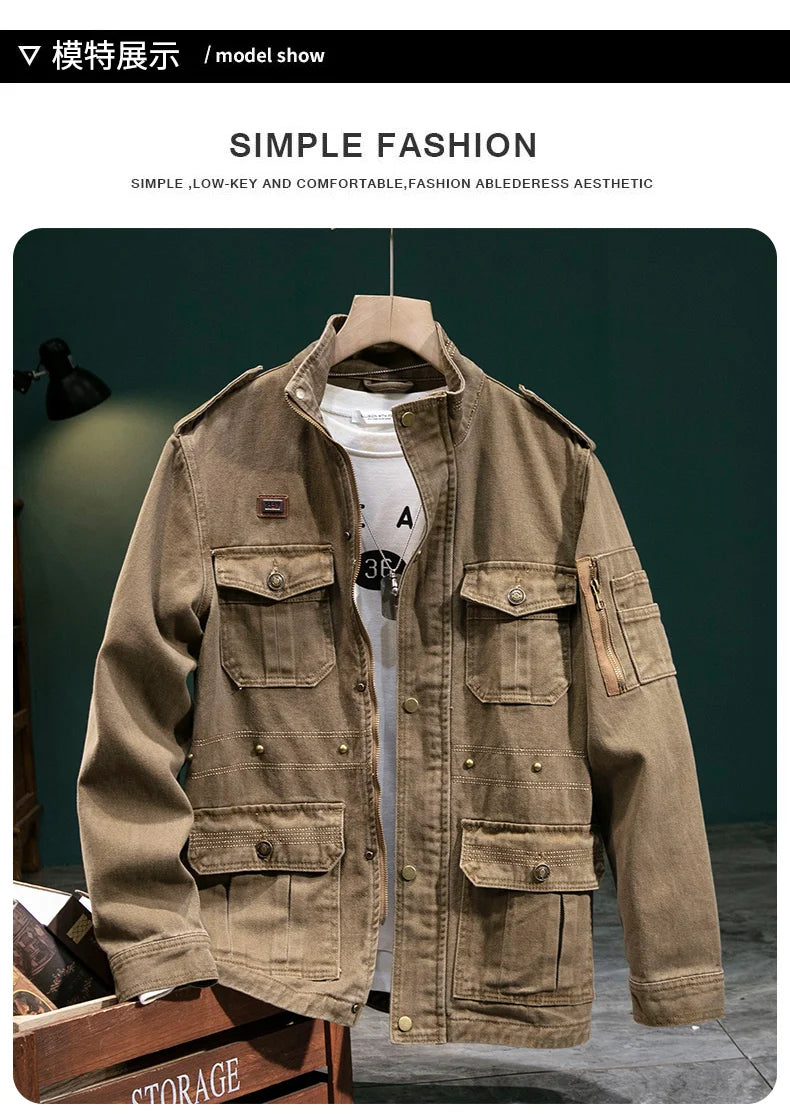 American Retro Style Men's Spring Casual Jackets Heavyweight Cotton Multi-Pockets Loose Cargo Jacket Fashion Outerwear