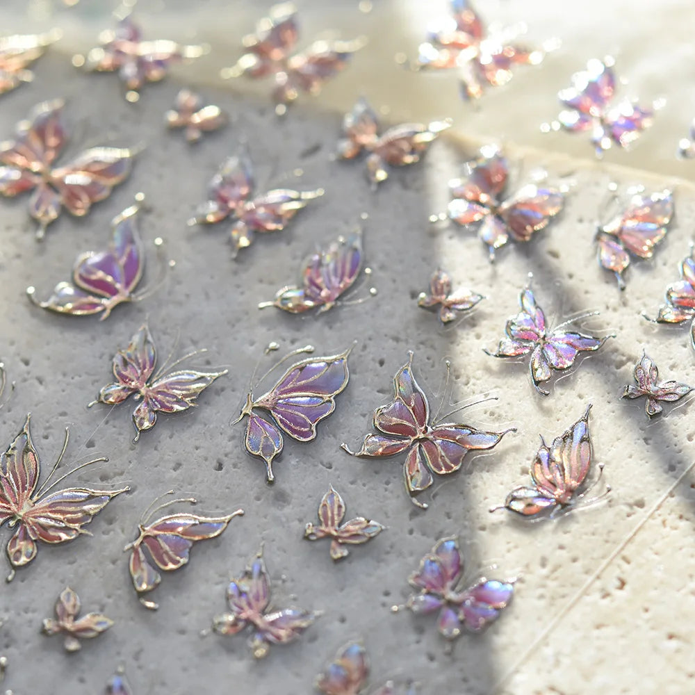 Shiny Jelly Butterfly Charming Golden Gradient Bowknot 5D Self Adhesive Nail Art Sticker Flower Petal Rhinestone Manicure Decals