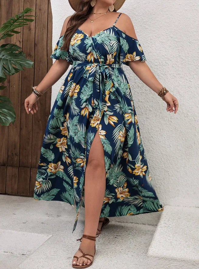 Plus Size Large Size Fashion Floral Print Women's Strap Dress Comfortable Casual Long Skirt Polyester Fabric Commute Style Th...
