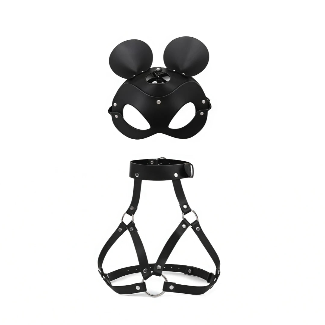 Gothic Leather Cat Mask Body Harness Set Women Erotic Bondage Lingerie BDSM Fetish Masquerade Cosplay Party Costume Accessories