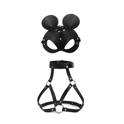 Gothic Leather Cat Mask Body Harness Set Women Erotic Bondage Lingerie BDSM Fetish Masquerade Cosplay Party Costume Accessories