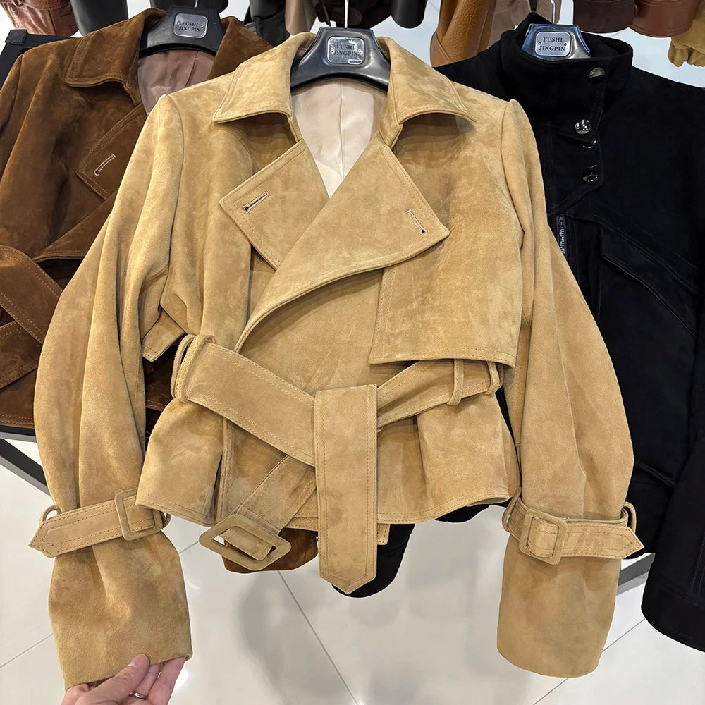 YOLOAgain 2025 Autumn Elegant Real Leather Jacket Coat Women Oversized Leather Jacket With Belt