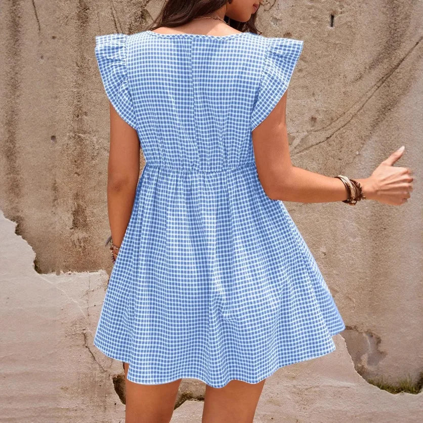 Dress for Pregnant Women 2025 Checkered Square Neck Women's Casual A-line Maternity Dress Short-sleeved Pregnancy Clothes