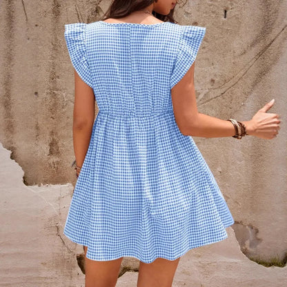 Dress for Pregnant Women 2025 Checkered Square Neck Women's Casual A-line Maternity Dress Short-sleeved Pregnancy Clothes