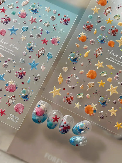 Shell Light Starfish Shell Nail Stickers Cute Starfish Decorative Stickers For Nails DIY 3D Self Adhesive Summer Manicure Decals