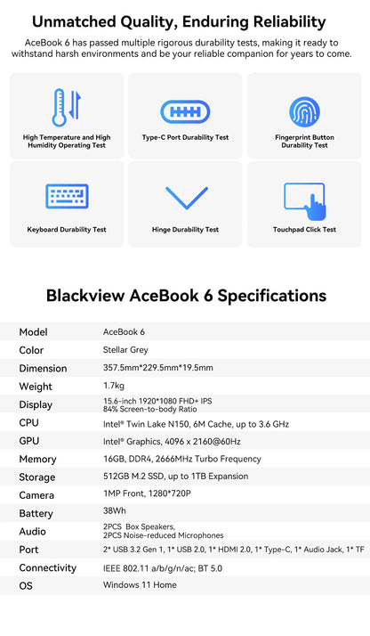 Blackview Acebook 6 Laptop, Laptops Computer for Business Student, Quad-Core N150,16GB DDR4 256GB SSD,15.6” FHD IPS TÜV Screen