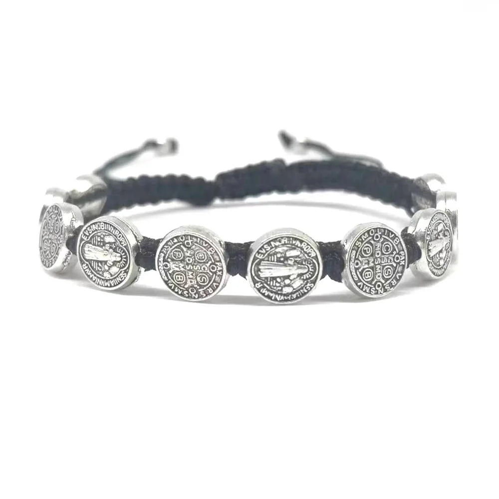 Vintage Virgin Mary and Jesus Exorcist Holy Card Hand Woven Adjustable Bracelet for Men's Religious Jewelry