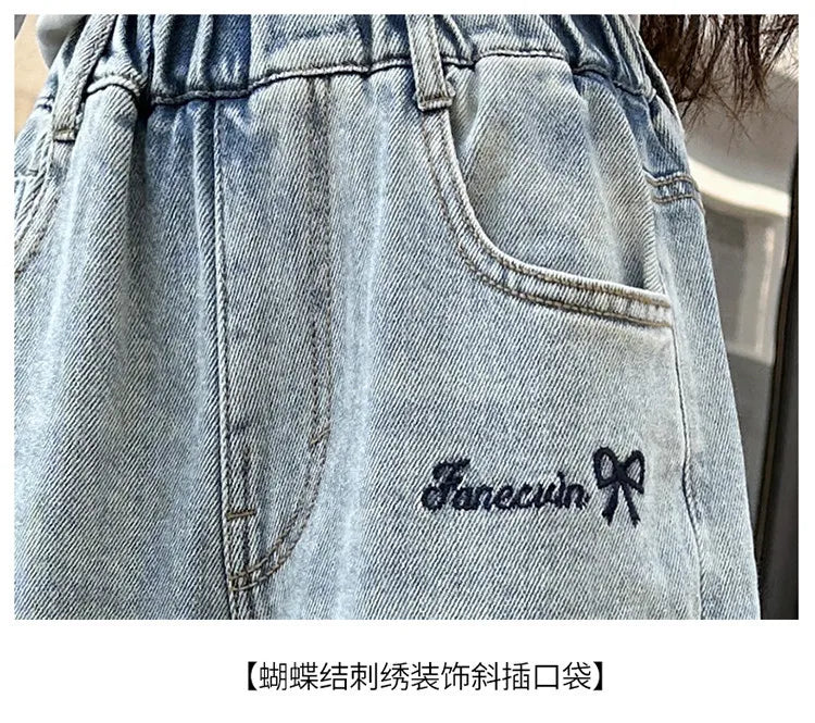 New 4-14 Years Spring Autumn Teenage Girls Jeans Full Print Bow Embroidery Fashion Wide-leg Denim Pants For Kids