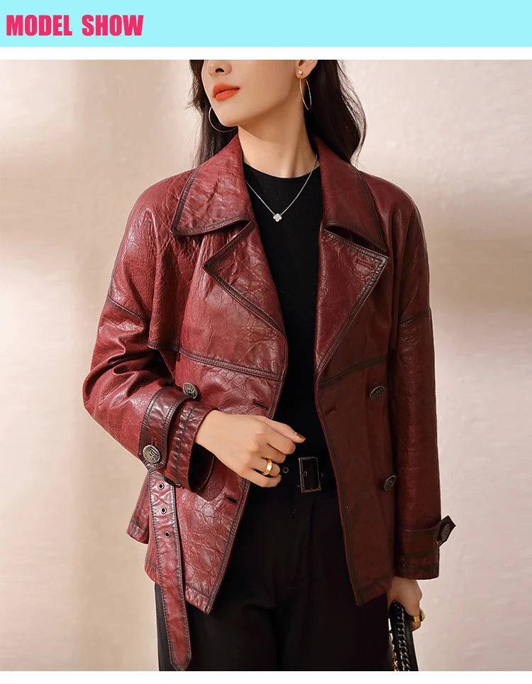 Roupas Femininas Autumn Women Suit Collar Lace-up Waist Oil Wax Sheepskin Gabardina Mujer Vintage Red Short Leather Trench Coat