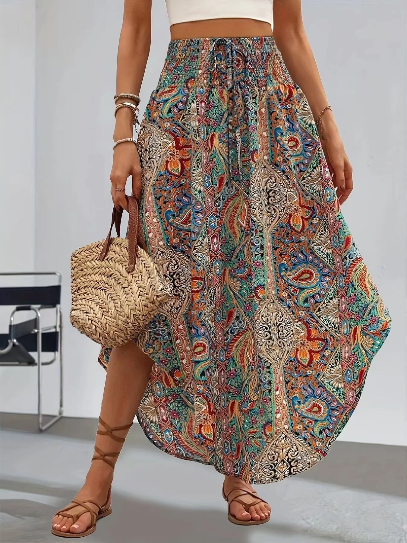 Bohemian Boho Vintage Floral Print Skirts Women Summer High Waist A-Line Pleated Elastic Long Skirts Casual Holiday Beach Skirt
