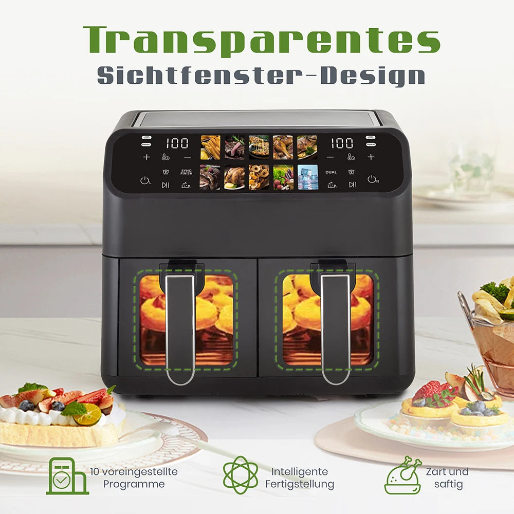 Sinaopus 9L Dual Basket Air Fryer – Oilless Cooker with LED Touch Control & Visible Window, 10-in-1 Multifunction, Family Smart Air Fryer Oven for Home