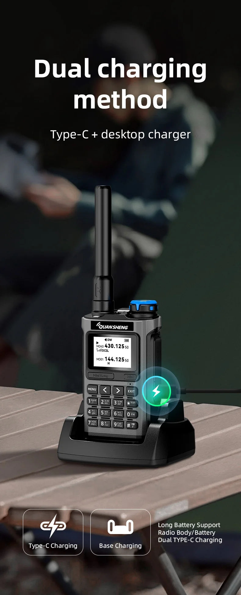 QUANSHENG K1 Air Band Walkie Talkie Wireless Copy Frequency Meter Type-C Charging NOAA Multi-Band Portable Two Way Radio UV