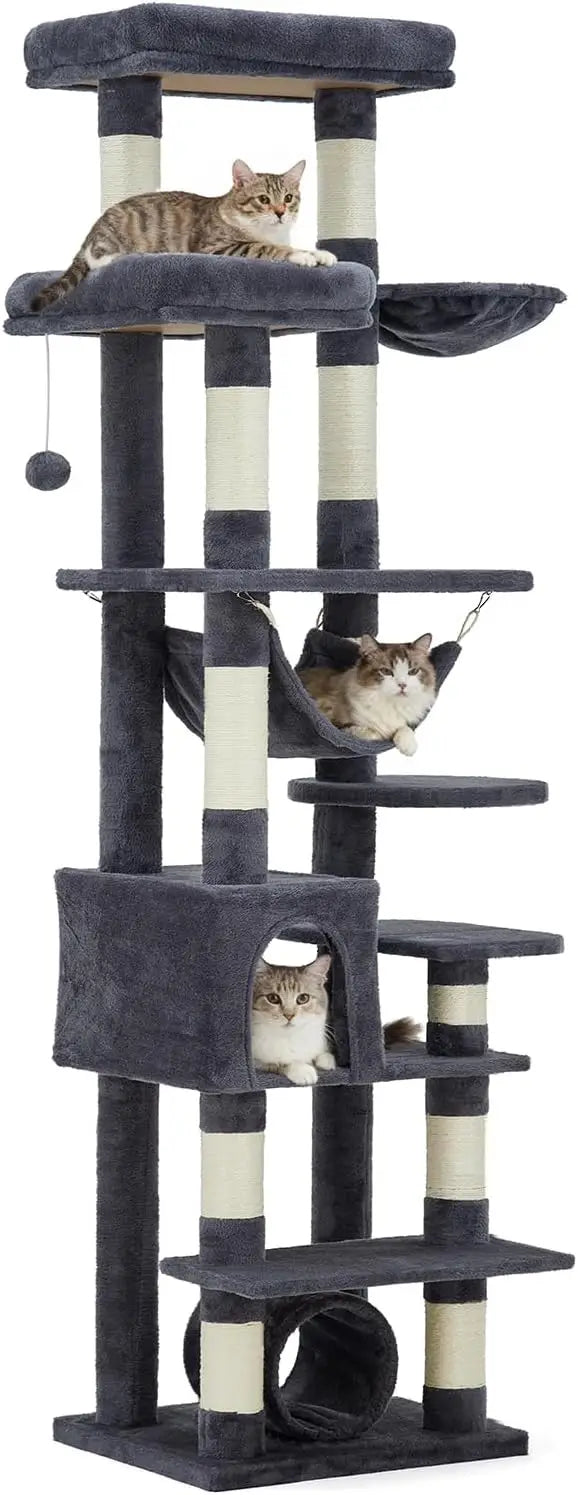 Garvee 188cm Extra Tall Multilevel Cat Tree Tower, Indoor Large Cat Climbing Activity Center with Cat Condos, Sisal Scratching Posts & Soft Hammock for Kittens and Adult Cats