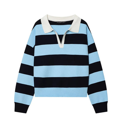 Sweater knitted Pullover Women's Spring 2026 New Fashion Striped Loose Polo neck Warm Women Sweater Chic Youth Holiday Pullover