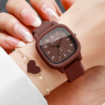 2PCS Fashion Arabic Dial Women Quartz Watch Heart Bracelet Set Square Silicone Strap Wristwatches Reloj Mujer (Without Box)