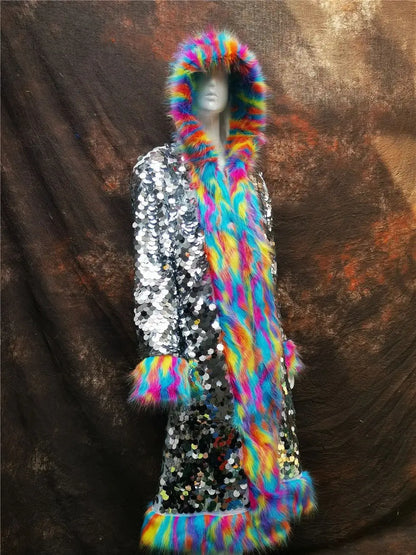 Patchwork Women Hooded Faux Fur Coat Fox Fur Long Sleeve Thick Warm Fur Outerwear Spliced Party Stage Loose Fit Sequined