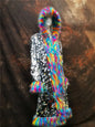 Patchwork Women Hooded Faux Fur Coat Fox Fur Long Sleeve Thick Warm Fur Outerwear Spliced Party Stage Loose Fit Sequined