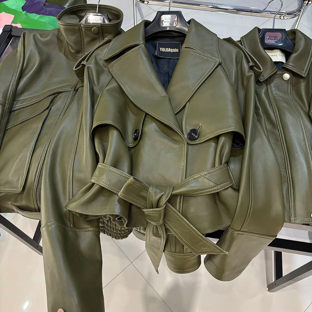 YOLOAgain Vintage Grain Leather Jacket Women Real Leather Sheepskin Jacket With Belt