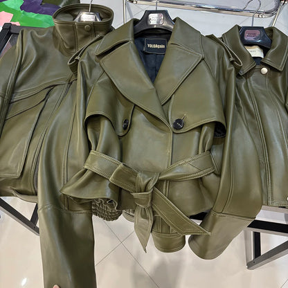 YOLOAgain Vintage Grain Leather Jacket Women Real Leather Sheepskin Jacket With Belt