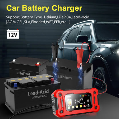 Newest 12V Car Battery Charger 15A/8A Pulse Repair Large Display Smart Charger for Car Motorcycle Lead Acid AGM GEL Batteries