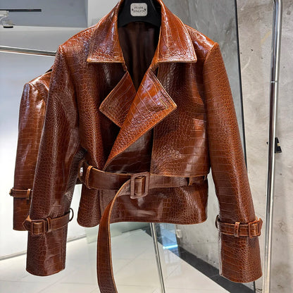 YOLOAgain 2025 Autumn Elegant Real Leather Jacket Coat Women Oversized Leather Jacket With Belt