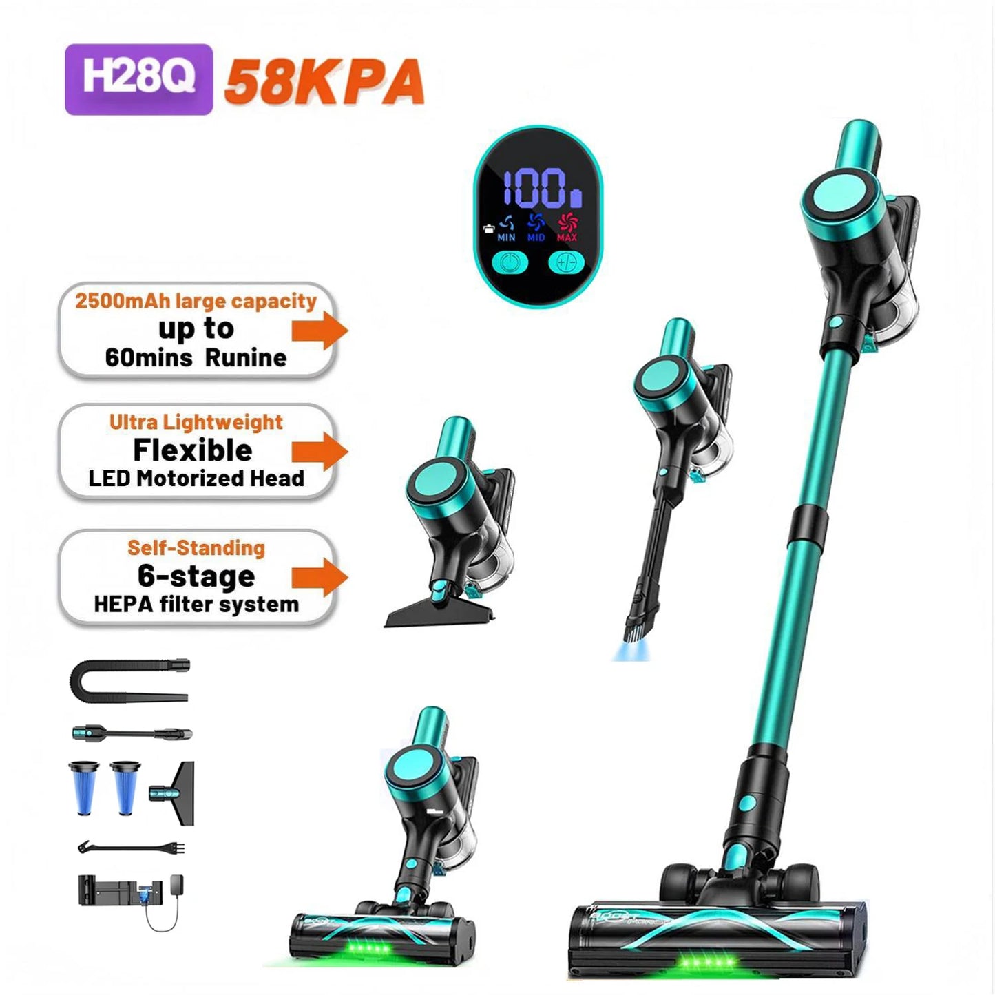 Cordless Vacuum Cleaner,Self-Standing，10-in-1/58Kpa/55Mins Stick Vacuum with LED Lighting Brush Vacuum  for Pet/Hair/Carpet