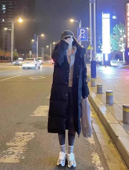 FGKKS 2025 Couple Winter Down Jacket Fashion Classic Slim Korean Style White Duck Down Men's Long Coat Women Hooded Outwear