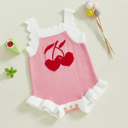 Newborn Baby Girl Knit Jumpsuit Clothes Sleeveless Ruffle Trim Cherry Print Romper Summer Sleeveless Outfits Sunsuit
