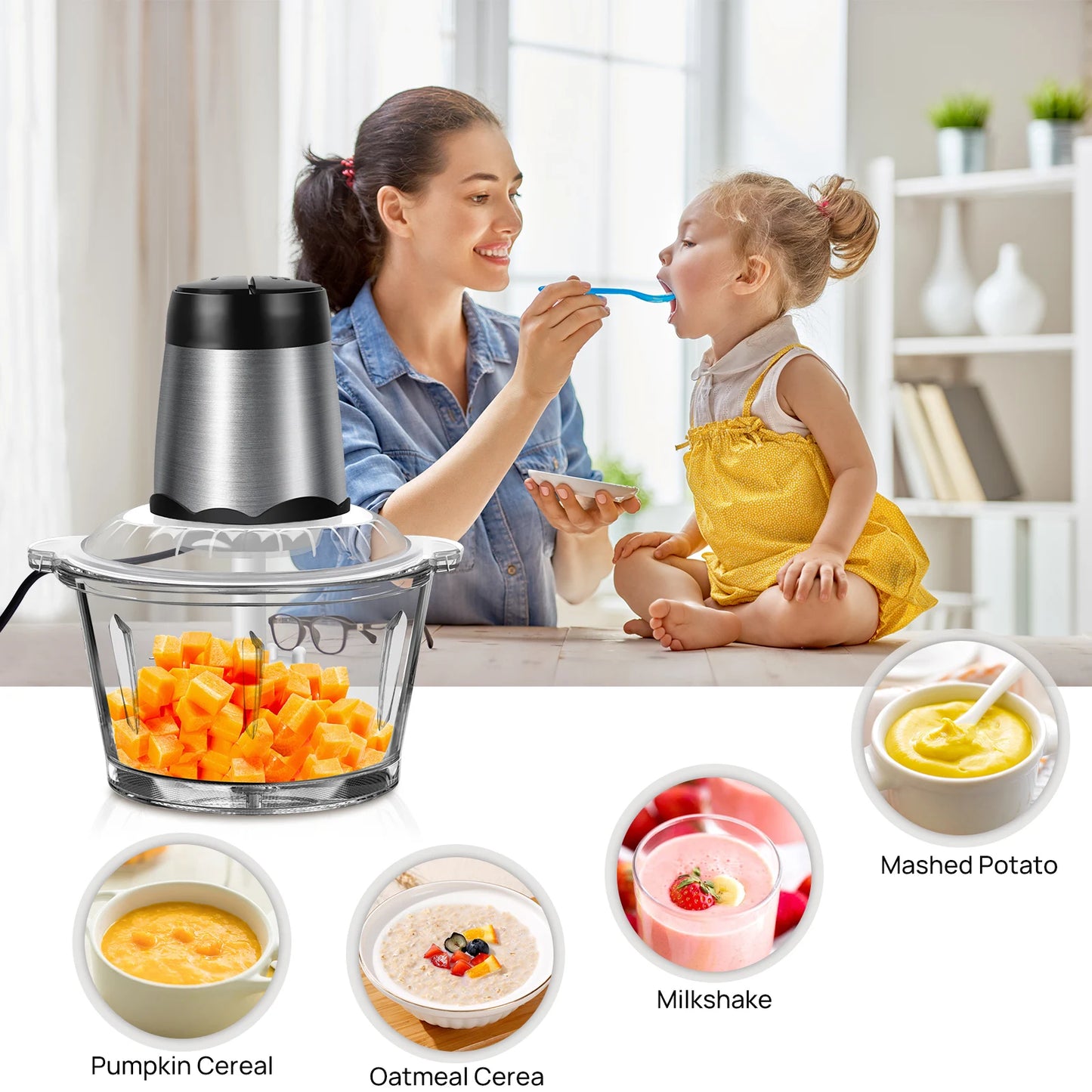 Meat Grinder 300W Electric Multi Blender Mixer with 2L Glass Container,2 Speed Settings,4 Stainless Steel Blades Easy to Clean