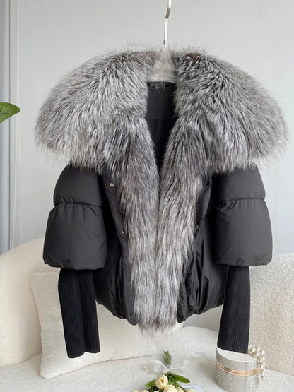 Oversized Winter Warm Real Fox Fur Collar Black Down Coat Women Puffer Outerwear Jackets 2024 Autumn Winter