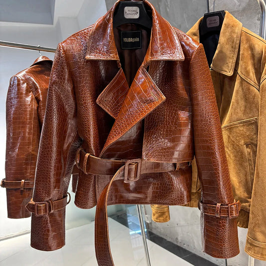 YOLOAgain 2025 Autumn Elegant Real Leather Jacket Coat Women Oversized Leather Jacket With Belt