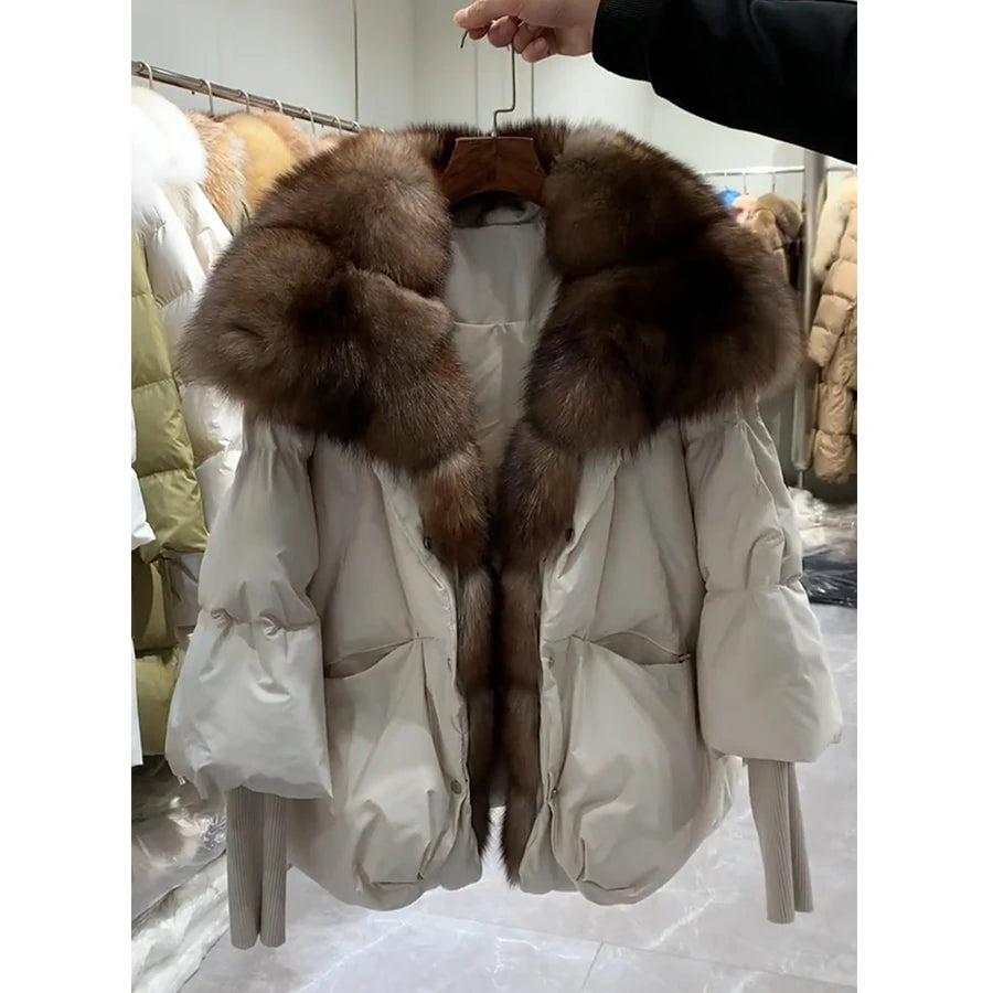Oversized Winter Warm Real Fox Fur Collar Black Down Coat Women Puffer Outerwear Jackets 2024 Autumn Winter