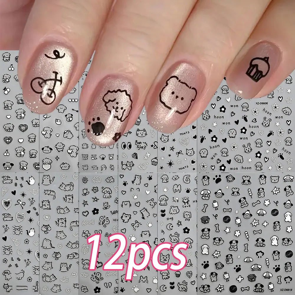 12pcs/set Cute Cartoon Dog/Cat Nail Art Stickers 3D Graffiti Black Cat Dog  Nail Decals 8*10cm Self-Adhesive Cartoon Nail Art Su
