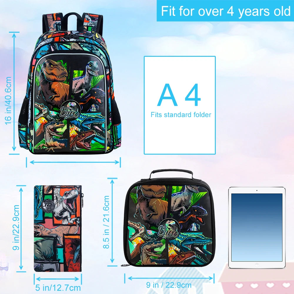 3PCS Backpack for Boys, 16 Inch Dinosaur Preschool Bookbags, Cool Elementary Kindergarten School Backpacks