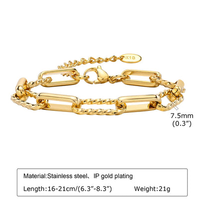 Women Stainless Steel Chain Bracelet,18K Gold Plated Twist Paperclip Adjustable Link Bracelet,Chunky Stackable Layered Jewelry