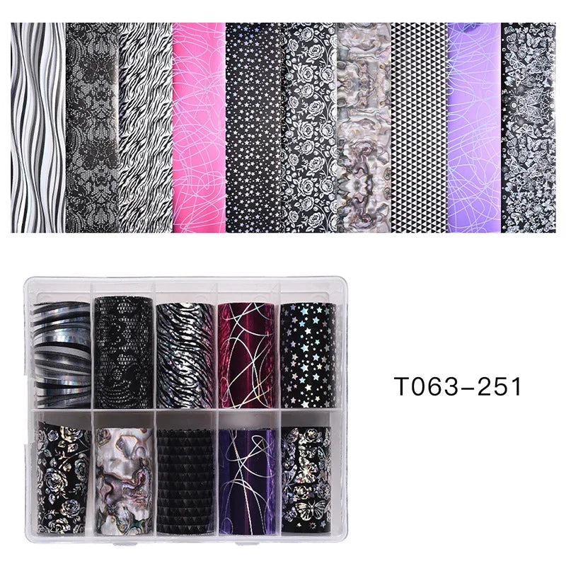 10 Patterns New Metal Nail Foils for Transfer Paper Stickers Floral Chameleon Nails Wraps DIY Water Marble Nail Art Decorations
