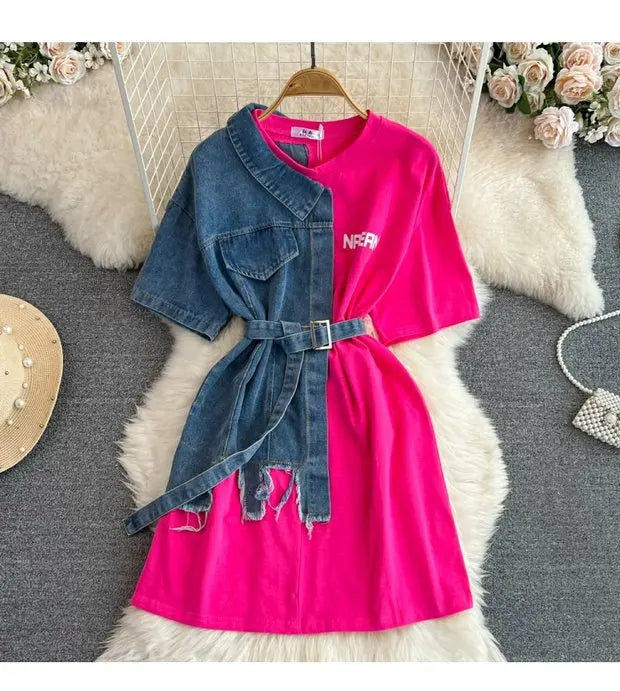 Retro Hong Kong Sle Chic Casual Mid-Length round Ne Patchwork Color Denim irt with Belt Spring New Women's Faion Top